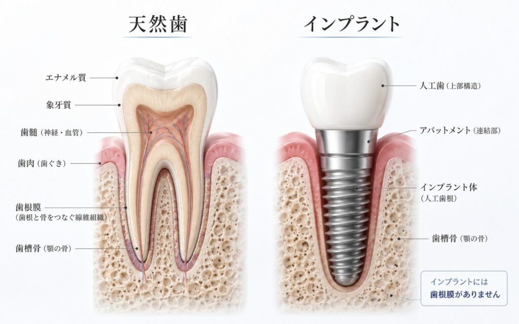 インプラントと天然の歯との構造の違い