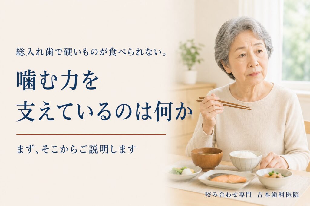 総入れ歯で硬いものが食べられない。噛む力を支えているのが何なのかを、まずご説明します|香川県高松市の咬み合わせ専門歯科 𠮷本歯科医院