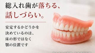 総入れ歯が落ちる、話しづらい。安定するかどうかを決めているのは、床の形ではなく顎の位置です